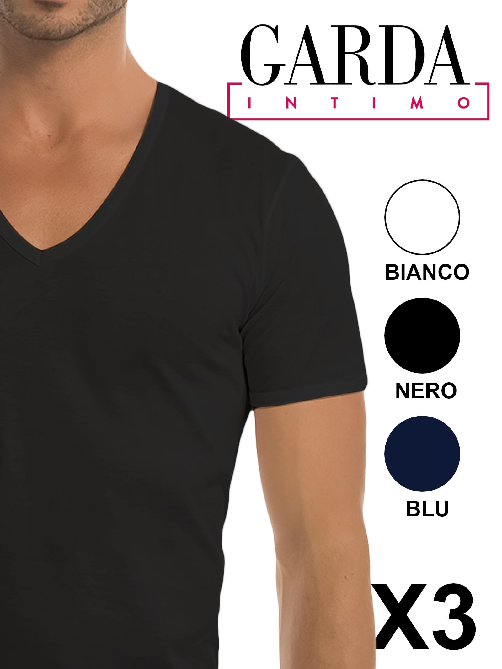 GARDA - 3pz T-Shirt Uomo Mezza Manica Scollo a V in Cotone Filo di Scozia Art. 0036