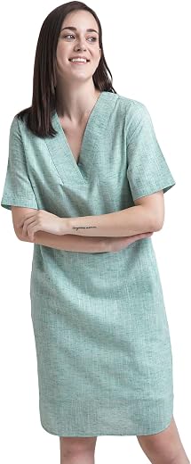 FableStreet Women's Cotton Chambray V Neck Straight Midi Dress - Green (DR537GREN)