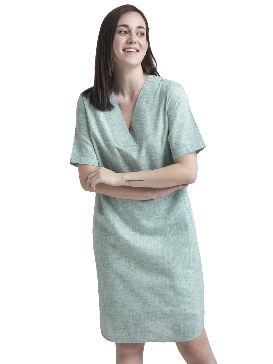 FableStreet Women's Cotton Chambray V Neck Straight Midi Dress - Green (DR537GREN) - Review, Price and Buying Guide