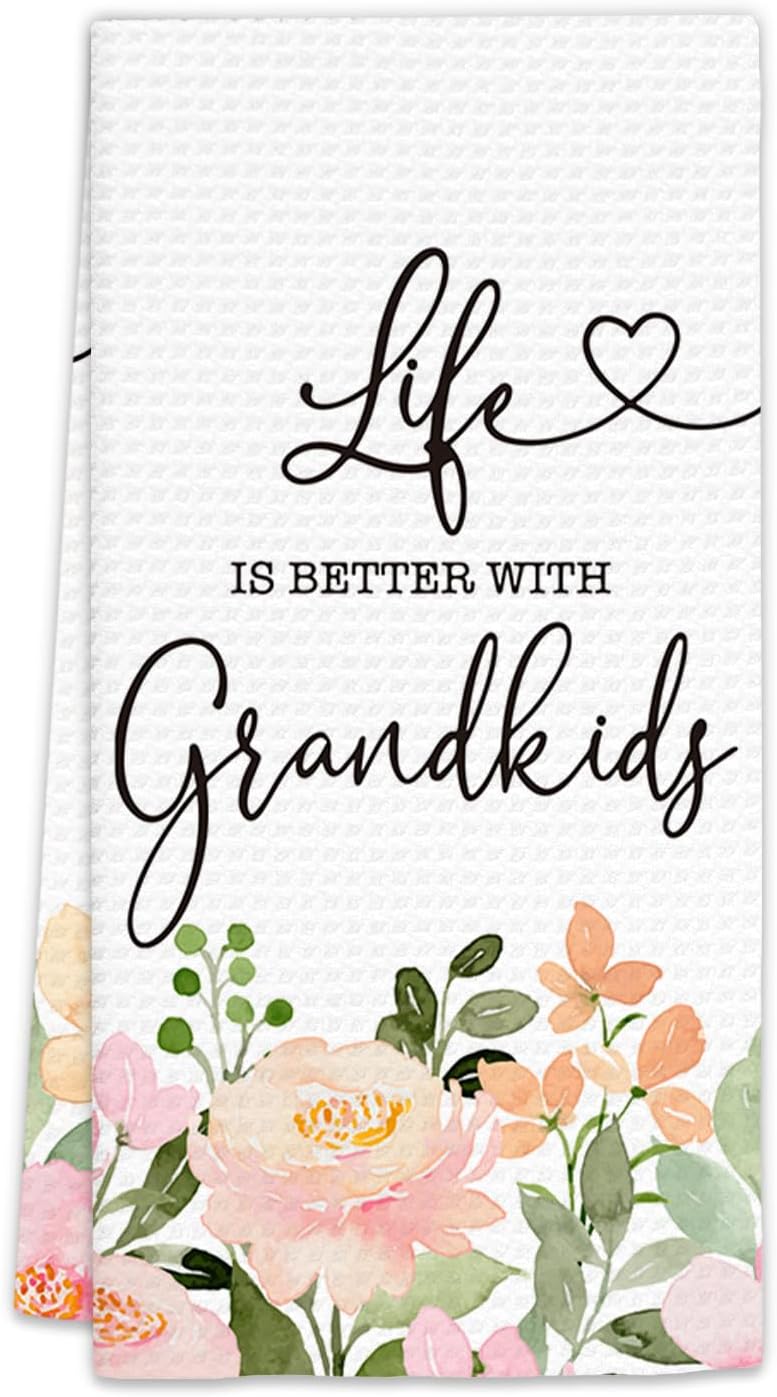 Grandma Gifts from Grandkids Kitchen Towels, for Grandma Dish Towels, Grandmother Gifts Hand Towels for Kitchen, Better with Grandkids Bathroom Kitchen Decor(16x24 Inch)