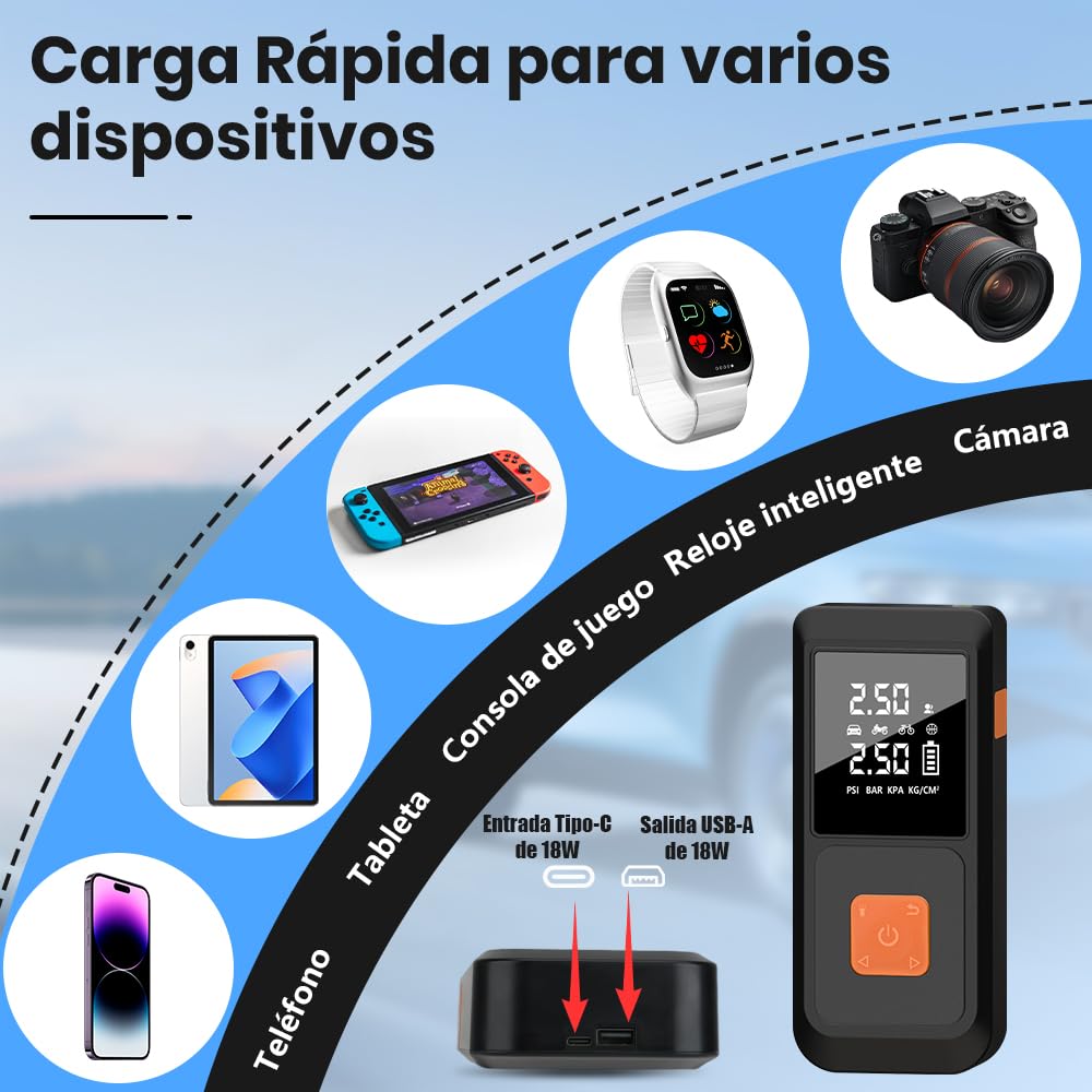Junsun Arrancador de Batería 12V con Compresor de Aire 150 PSI y Power Bank 10000mAh, Inflador Portátil para Coche Gasolina y Diésel, Arranque de Emergencia, Pantalla LCD, Carga Rápida y Luz LED