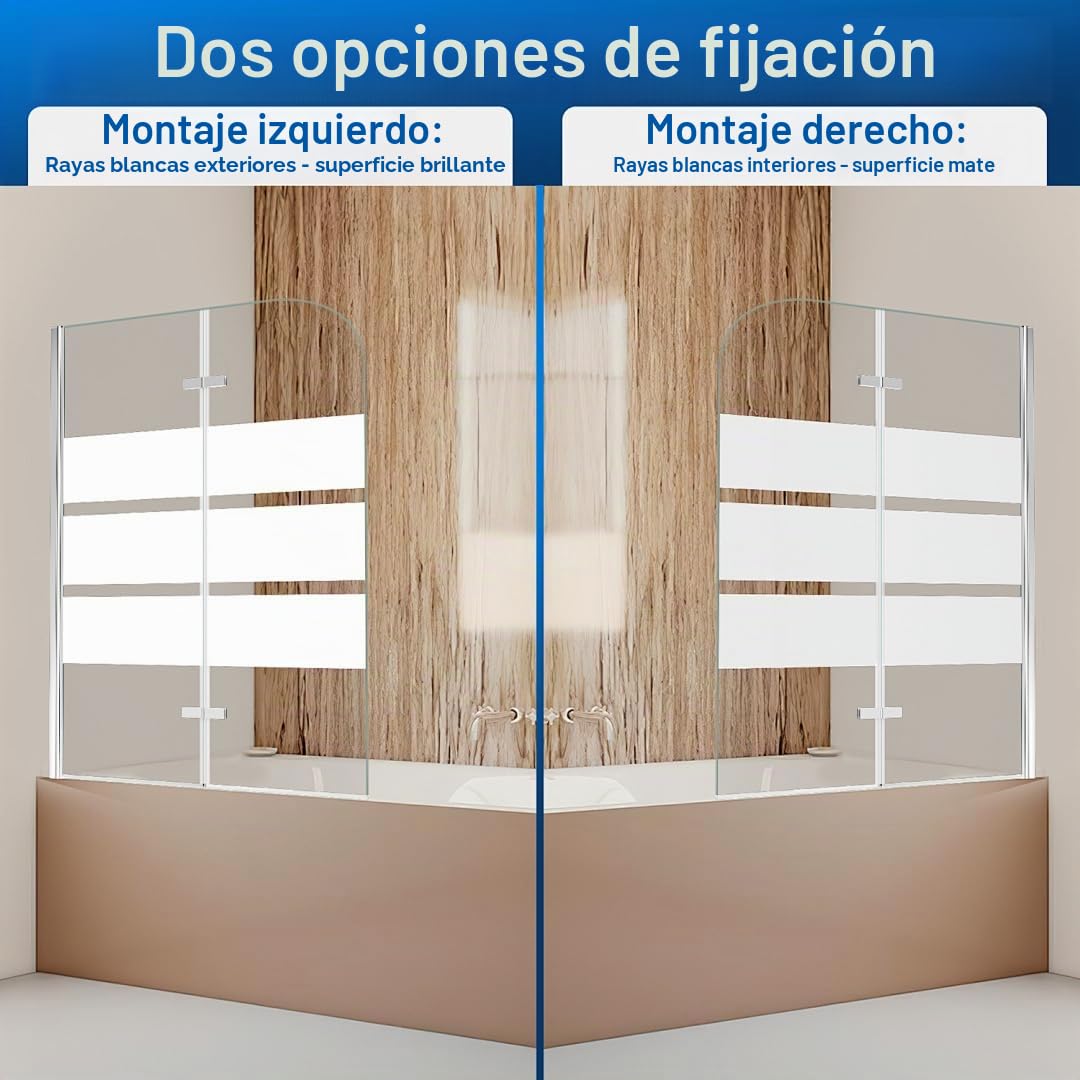 Mampara de ducha para bañera, 100 x 140 cm, plegable, de 2 partes, con vidrio de seguridad EGS de 6 mm, mampara de ducha para bañera, con rayas blancas
