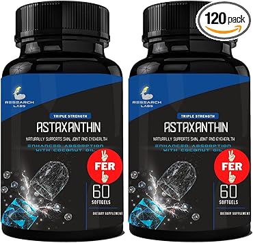 Research Labs Triple Strength Natural Astaxanthin 12mg Softgels + Extra Bottle Organic Coconut Oil for Enhanced Absorption Powerful Antioxidant Supports Eye Joint & Heart Health 120 Total Softgels