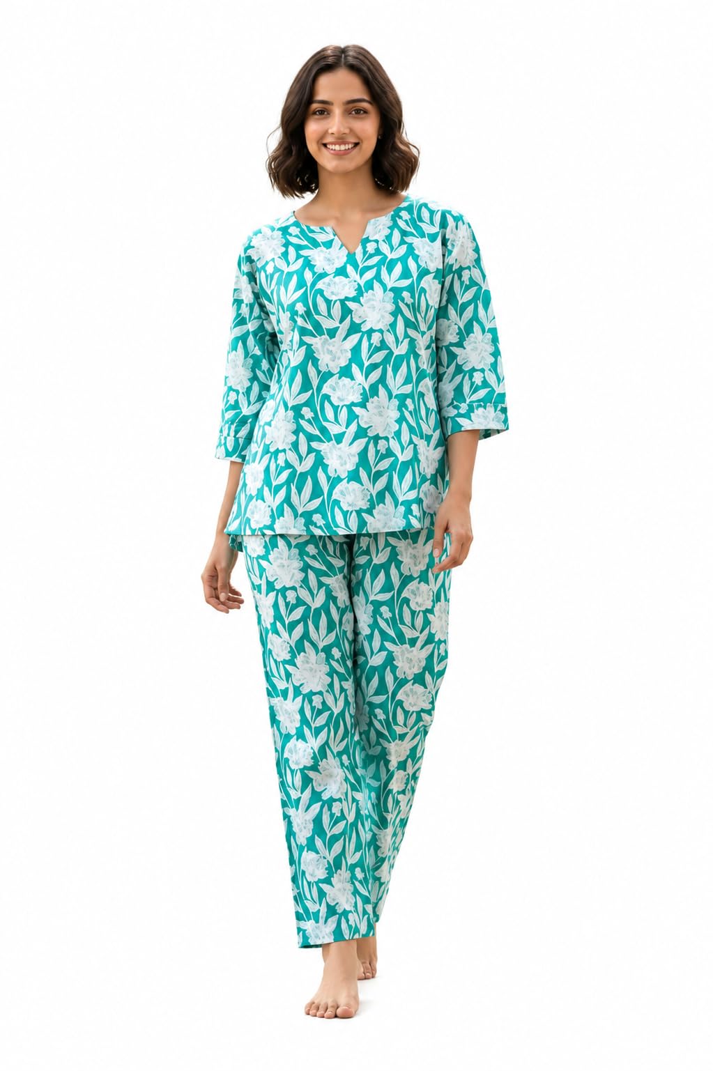 RIVAGO Women Teal Floral Rayon Top and Bottom Night Suit-image-29