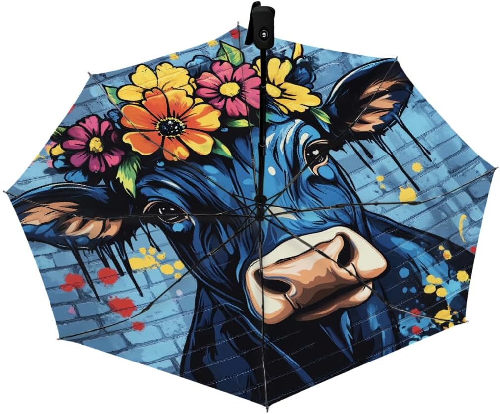 Graffiti Cow Flower Painting Folding Umbrella Windproof Compact Lightweight Travel Umbrella with 8 Reinforced Ribs, Portable UV Sun & Rain Protection for Men & Women