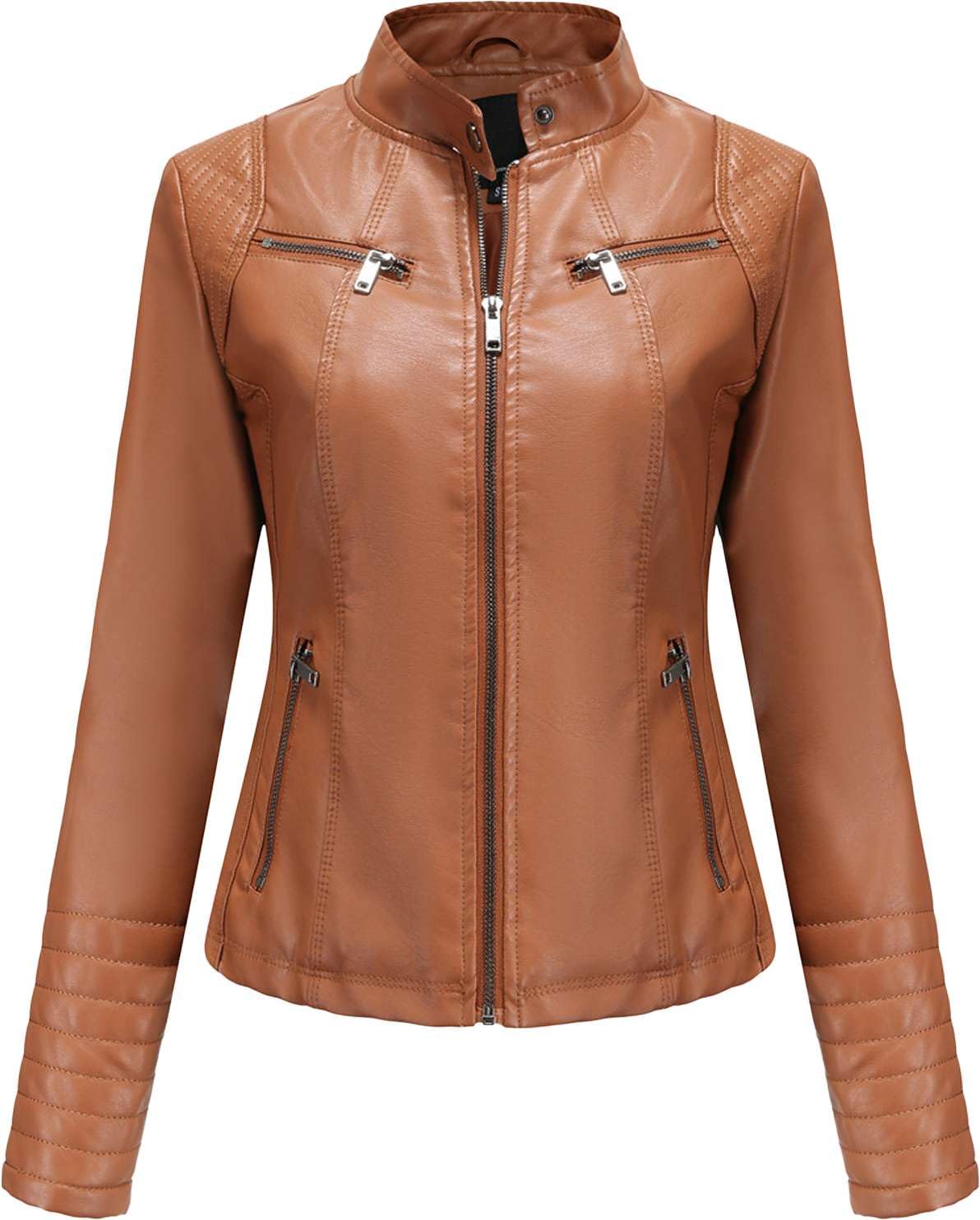 Women's Camel Brown Racer Genuine Sheepskin Quilted Sleeves Classic Biker Slim Casual Leather Jacket