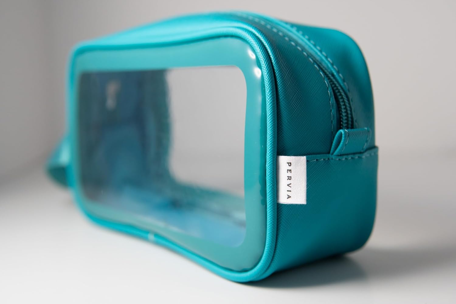 Clear Travel Makeup Bag – Luxury Cosmetic & Toiletry Organizer Transparent Window, Turquoise Vanity Case, Silver Zipper, Carry Handle, Wipe-Clean Beauty Pouch Carry-On & Bathroom