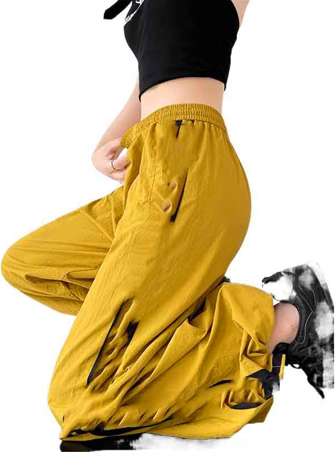 Women's Pants American Summer Ice Silk Wide-Leg Quick-Dry Striped Trouser for Women-Yellow-Large