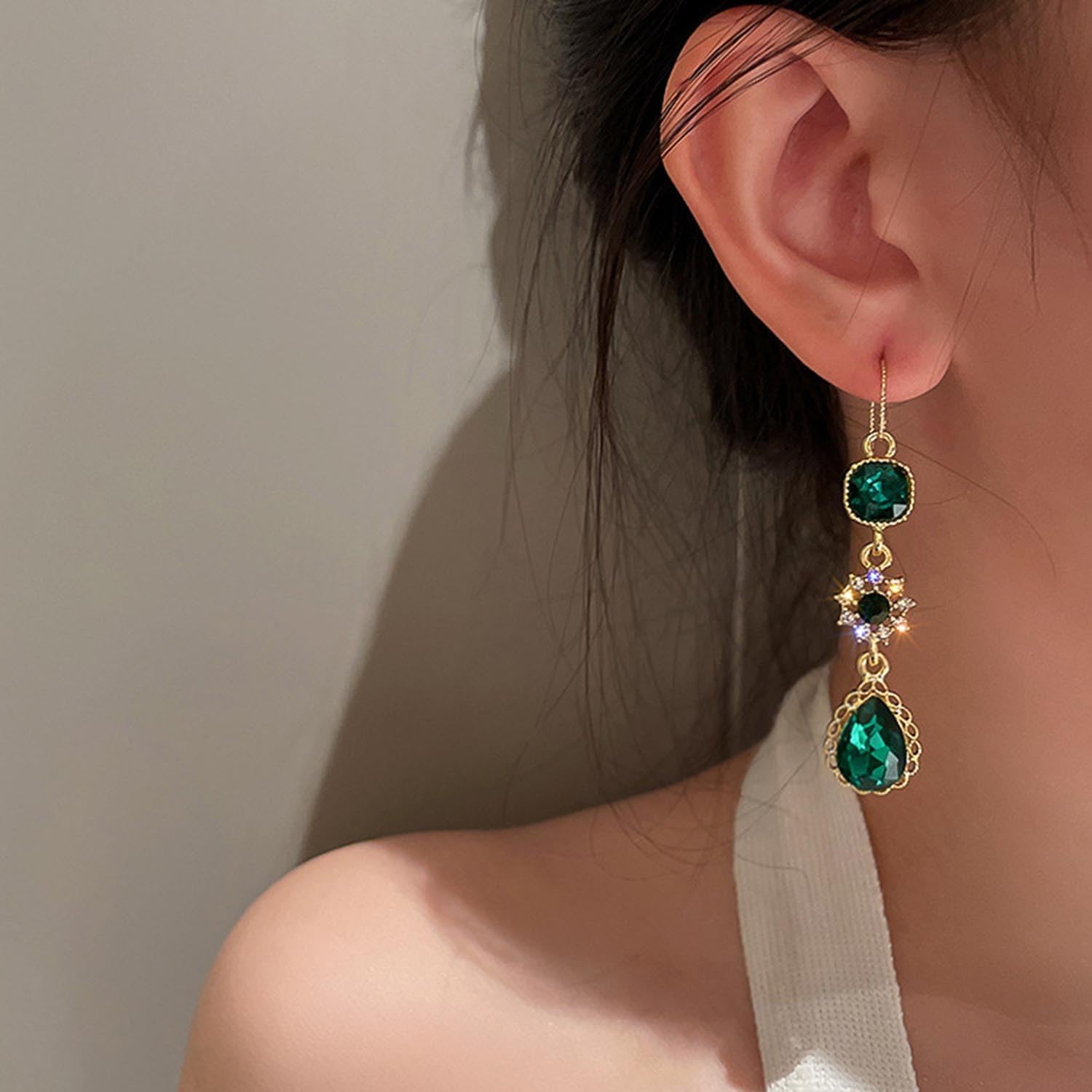 Emerald Tear Drop Earrings Simulated Emerald Green Crystal Dangle Earrings CZ Diamond Flower Dangling Earrings Long Tassel Emerald Hook Earrings Jewelry for Women - Image 5