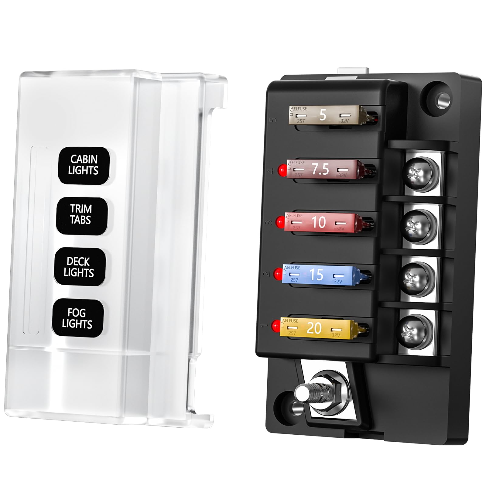 Siapupy 12V Fuse Block, 4 Circuits Waterproof Marine Fuse Panel Relay Box Kit with LED Indicator Damp-Proof Cover, ATO Blade Block for 12V/24V