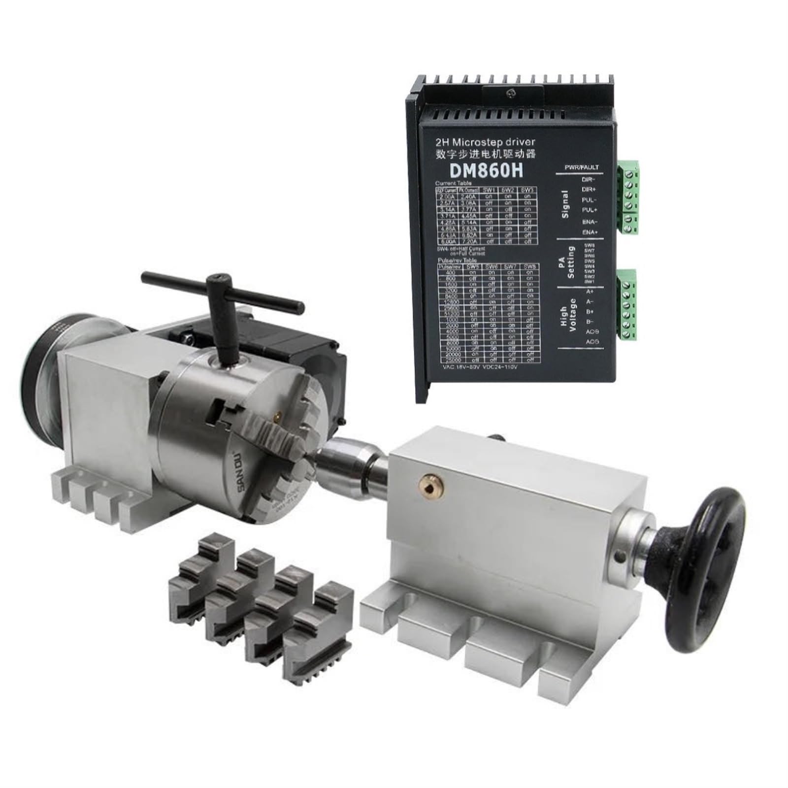 ONGCPQPEO 34 stepper motor (4:1) K12-100mm 4 Jaw Chuck 4th axis A aixs rotary axis + tailstock for router(Figure 1)