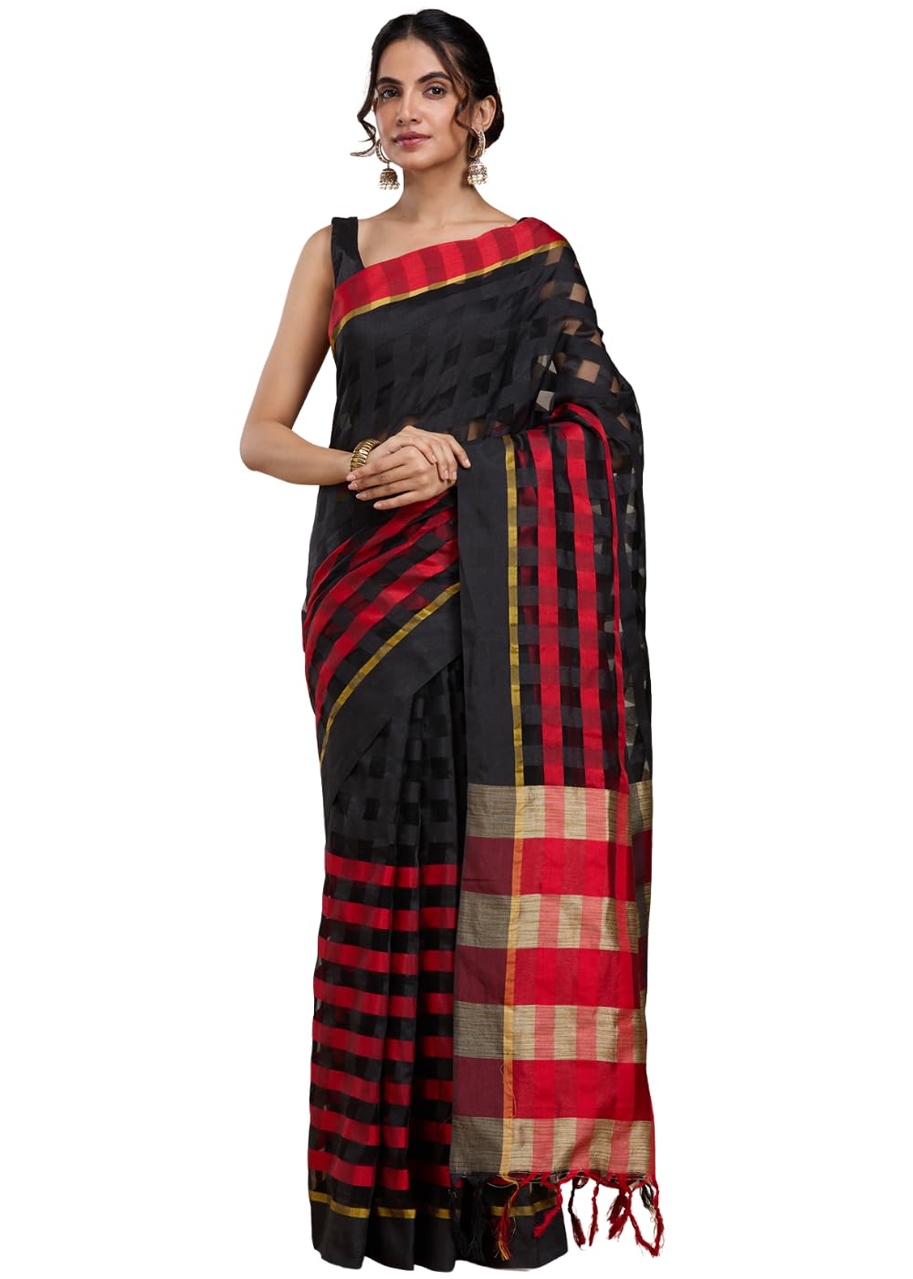 Vervee Couture Women Silk Blend Magenta and Blue Woven Saree with Semi Stitched Blouse | EKA-image-2