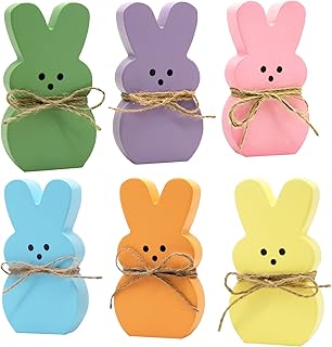 DAZONGE Easter Decorations - 6PCS Wood Bunny Peeps Easter Tiered Tray Decor - Easter Shelf Sitter - Easter Decor for the Home - Spring Wood Decor