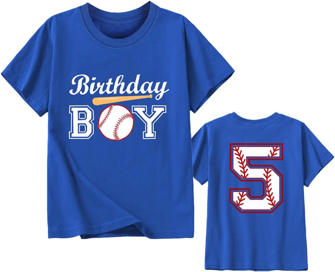 Boys' Birthday Baseball Theme Tee | Toddler Kids' 2-8 Number Print T-Shirt, Short Sleeve Cotton Top