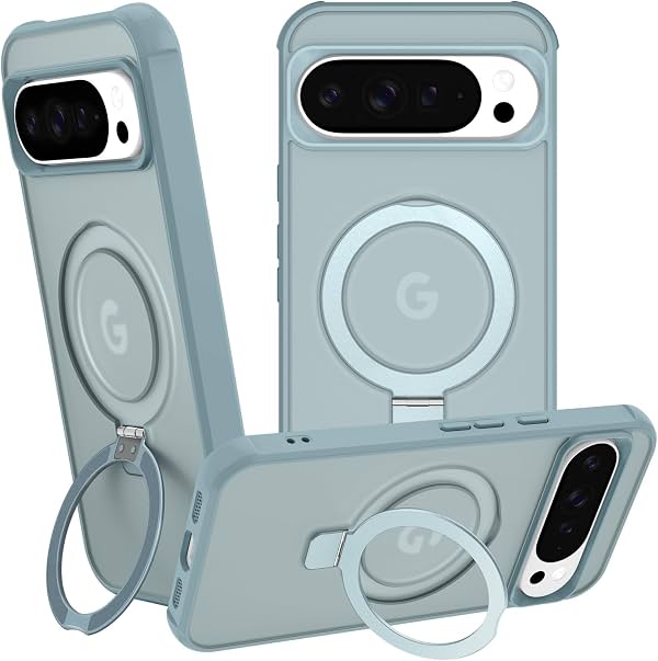Compatible con Google Pixel 10 y Pixel 10 Pro funda con soporte, verde azulado | Grado militar a prueba de golpes, fundas delgadas para teléfonos con anillo magnético giratorio, compatible con MagSafe