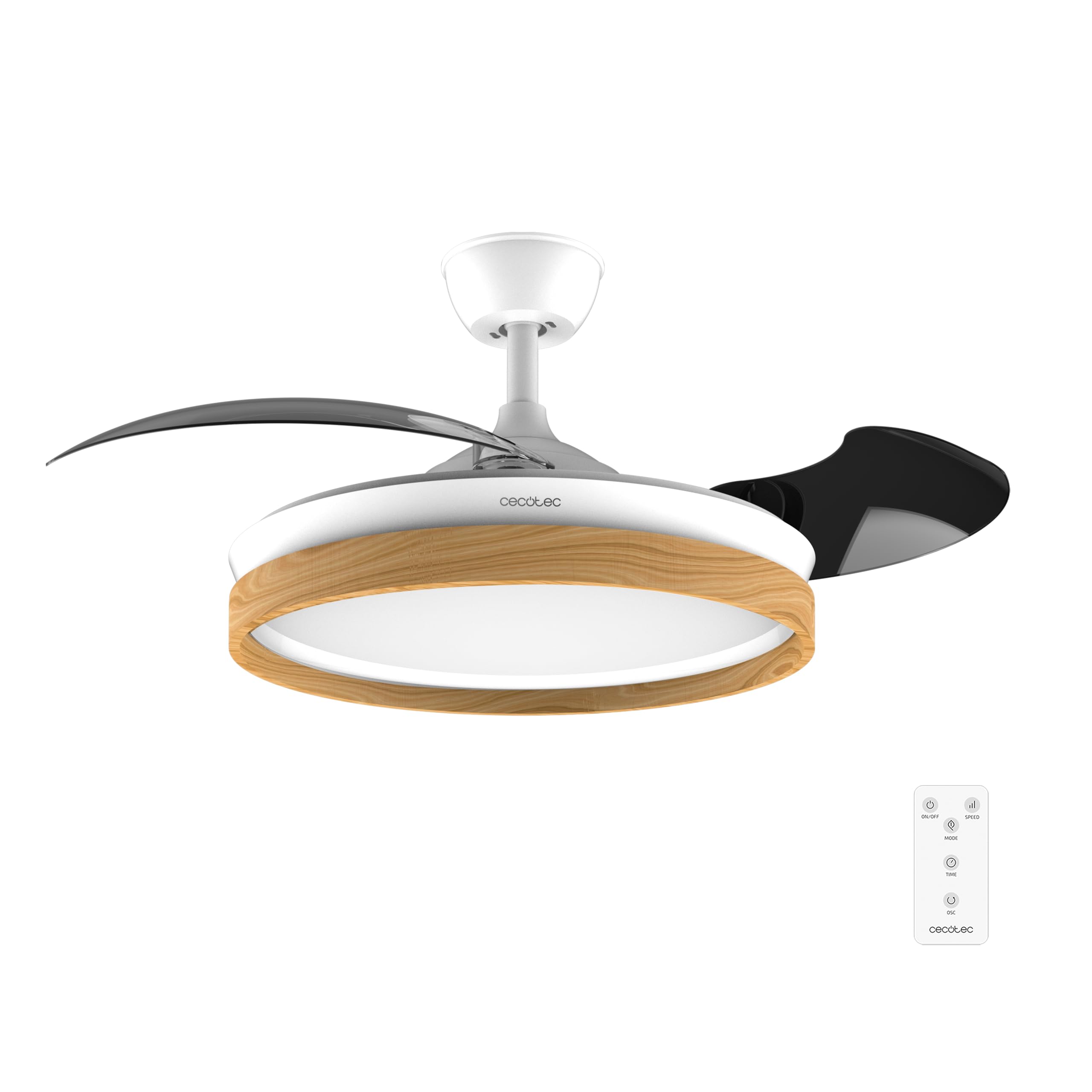 Cecotec Ventilador de Techo con Luz Energysilence Aero 4320 Invisible Wood&White. 35W, 6 Velocidades, Aspas Retráctiles, Mando a Distancia, Temporizador, LED Integrada, Intensidad Lumínica Regulable