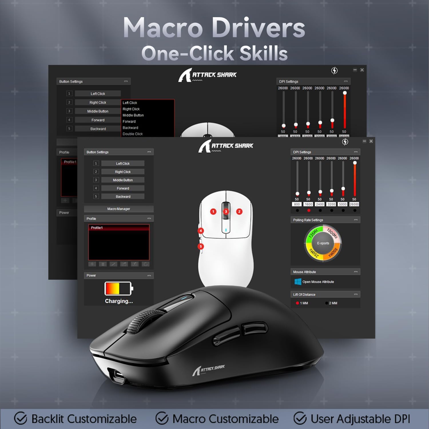 Screenshot of the ATTACK SHARK mouse software interface showing button settings, DPI settings, and macro manager.
