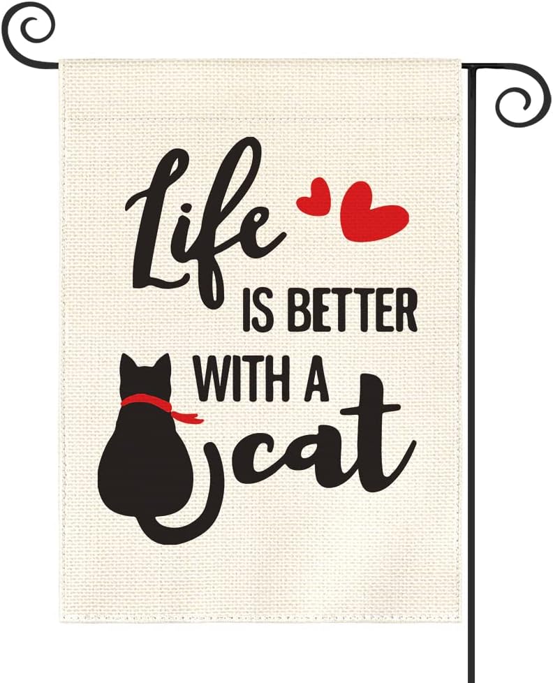 AVOIN Cat Quote Garden Flag Vertical Double Sided Life Is Better With a Cat, Love Heart Pet Yard Outdoor Decoration 12.5 x 18 Inch