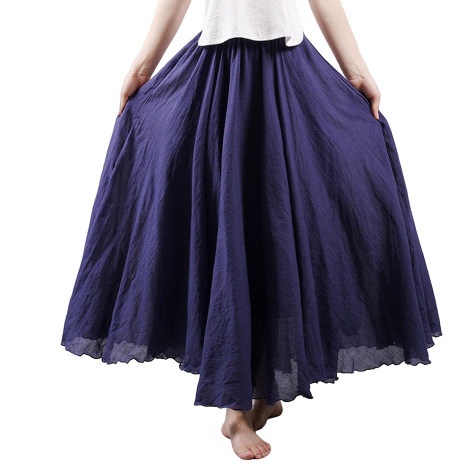 Jupe longue plissée en lin et coton pour femme - Taille élastique - Jupe d'été vintage
