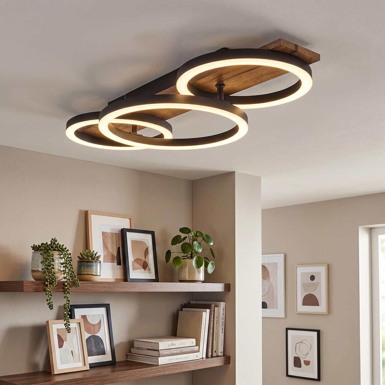 HOFSTEIN LED Deckenleuchte Cascada, Deckenlampe aus Metall/MDF/Kunststoff in Schwarz/Holzoptik/Braun/Schwarz/Weiß, 24 Watt, 3000 Kelvin, moderne Leuchte für Schlafzimmer, Esszimmer, Wohnzimmer, Küche