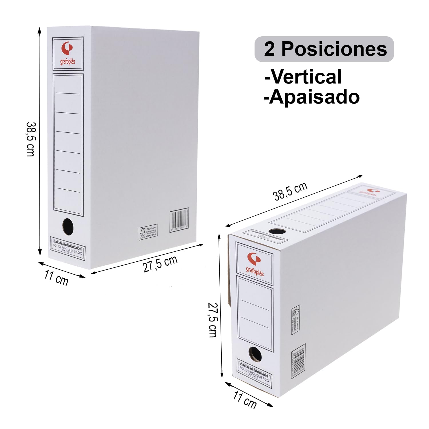 Grafoplas - Pack de 50 Cajas de Archivo Definitivo de Cartón, Tamaño Folio Prolongado, 2 Frentes para Archivo Vertical y Apaisado, Certificados FSC, 38, 5x27, 5x11, 5cm