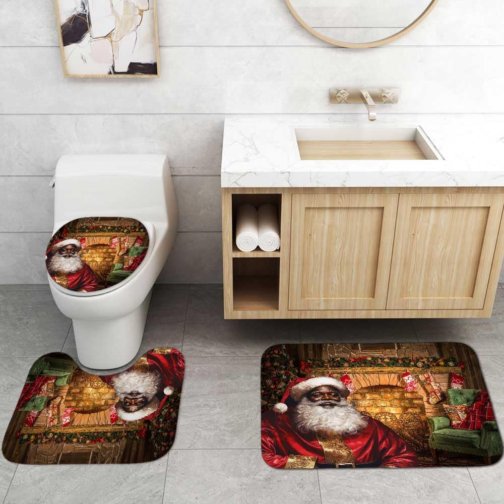 Jayden Madge 4PCS Christmas Shower Curtain Set, African American Black Santa Claus Christmas Tree Stocking Gift Fireplace Winter Holiday New Year Christmas Bathroom Decor, Non-slip Bath Mat Toilet Rug