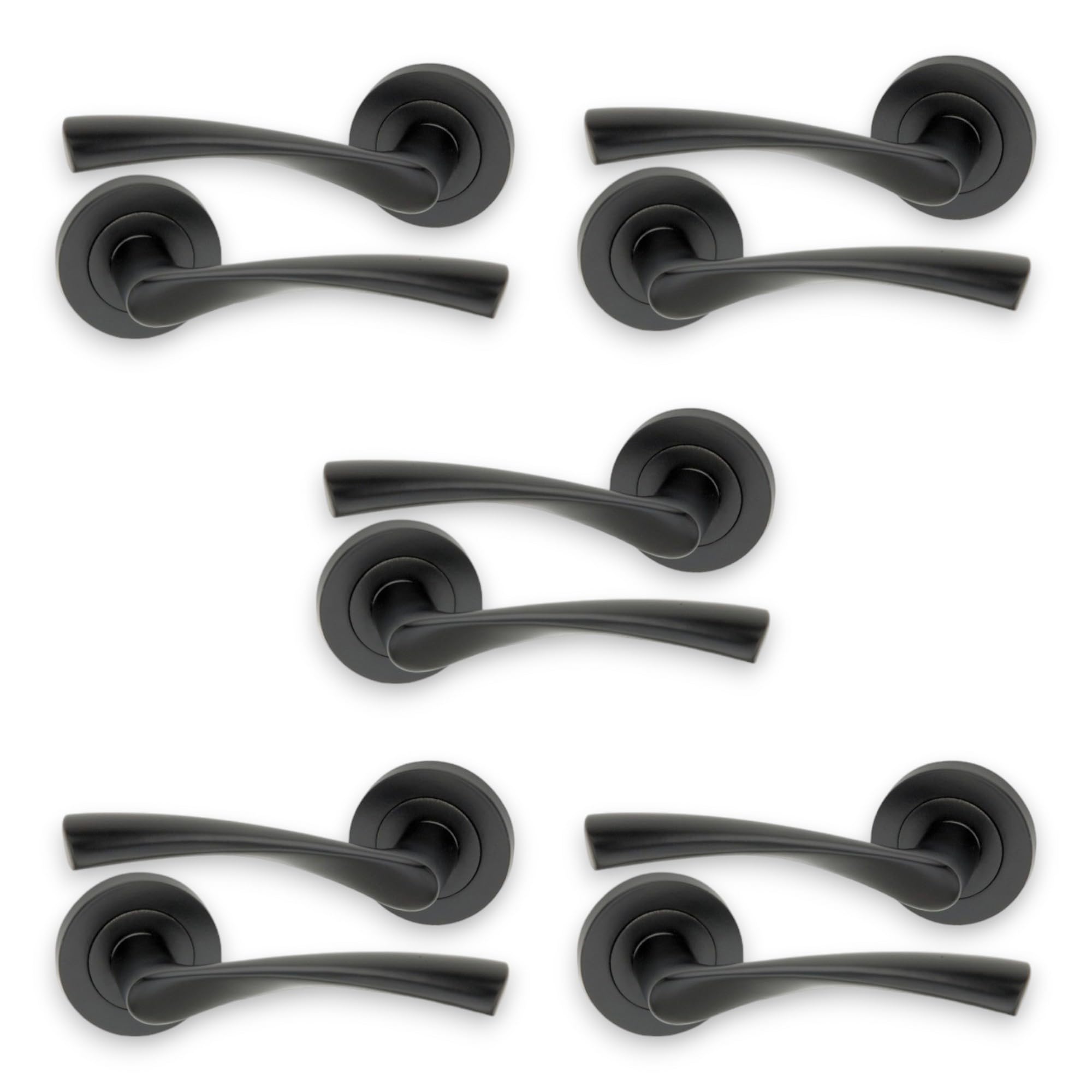 Infinity Decor 5 Sets of Matt Black Twisted Lever Door Pull Handles on Sprung Rose Set - Ideal for Interior & Exterior Doors