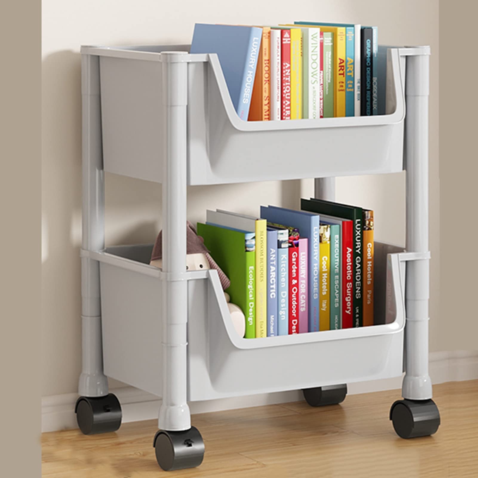 2-Tier Bookshelf Under Desk, Movable Classroom Bookcase Deskside, Multi-Purpose Rolling Cart, Compact Desk Storage Organizer with Caster Wheels, Storage Trolley for Library, Corner Display Rack