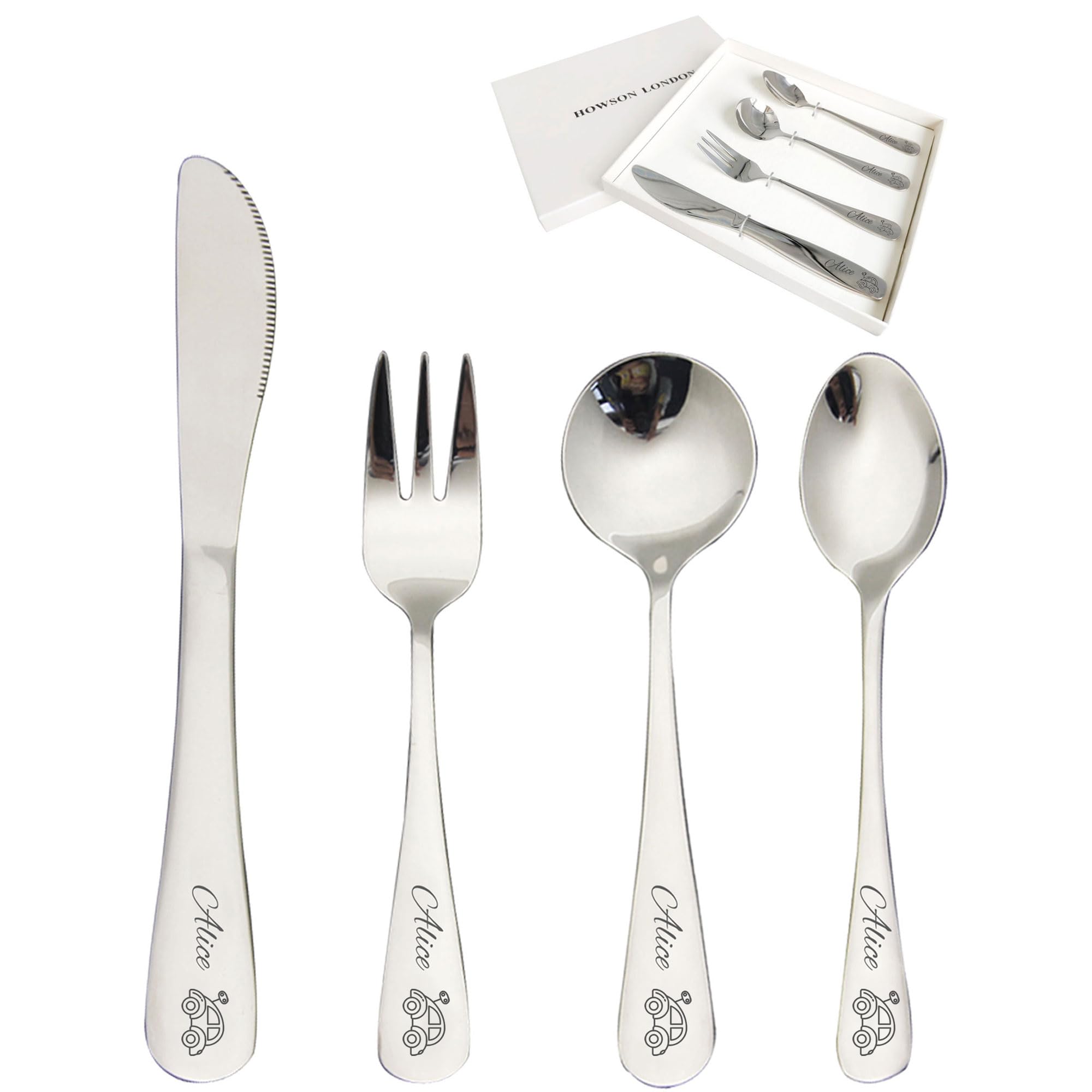 Personalized Toddler Silverware Cutlery Set of 4 Custom Stainless Steel Kids Utensils Engraved Dinner Forks Knives Spoons for kids Boys Girls (Car)