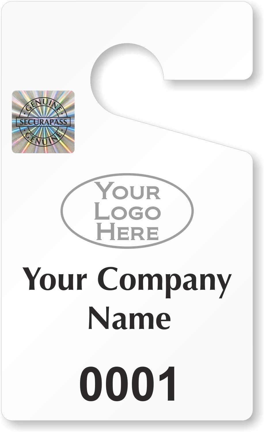 SmartSign (Pack of 50) Custom Add Your Logo and Text Here Parking Permit Hang Tags | 3" x 5" 30 mil Thick Plastic, Car Parking Pass with Hologram, Black and White, Made in USA