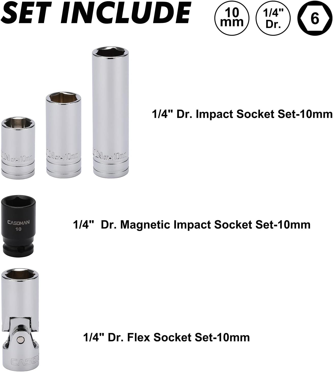 CASOMAN 10-Piece Impact Socket & Flex Socket Set - 10mm, 1/4" & 3/8" & 1/2" Drive, 6-Point, Magnetic Impact Sockets, with Storage Rail