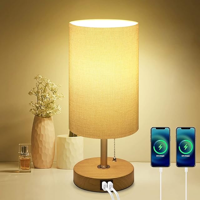 USB Bedside Table Lamp ZEDYOE Dimmable Nightstand Light 3 Levels Brightness Minimalist Linen Fabric Wood Grain Round Bedroom Desk Lamps Retro Simple Night Light
