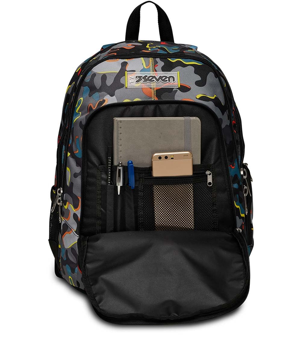 Seven Schulranzen Advanced Schule, Freizeit, Geräumige Schultasche für Teenager, Mädchen, Jungen, Gepolsterter Schulranzen; mit Laptopfach und Trinkflaschenfach, mehrfarbig