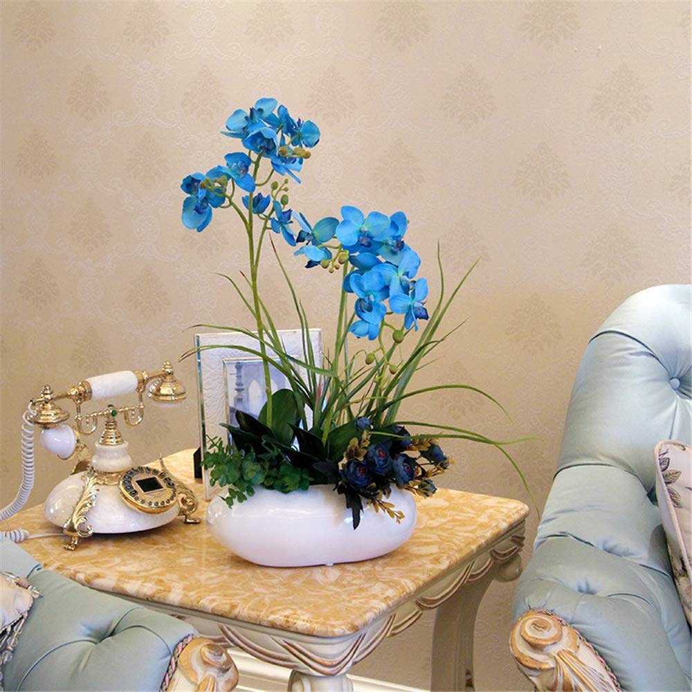 MYUYEE Artificial Flower Phalaenopsis Orchid Bonsai With Ceramic Vase Wedding Party Home Centerpiece Decor,Blue,Blackpot(Blue-Whitepot)