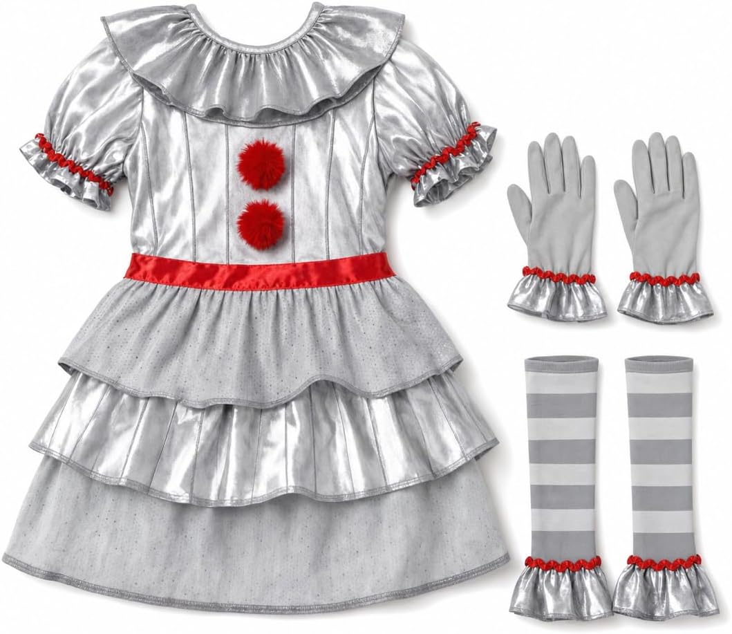 Morph, Scary Clown Costume Kids, Halloween Costumes for Kids | Layered Grey Dress with Red Pom-pom Trim, Matching Gloves, Leg Warmers Included, Perfect for Halloween, Fun for Fancy Dress