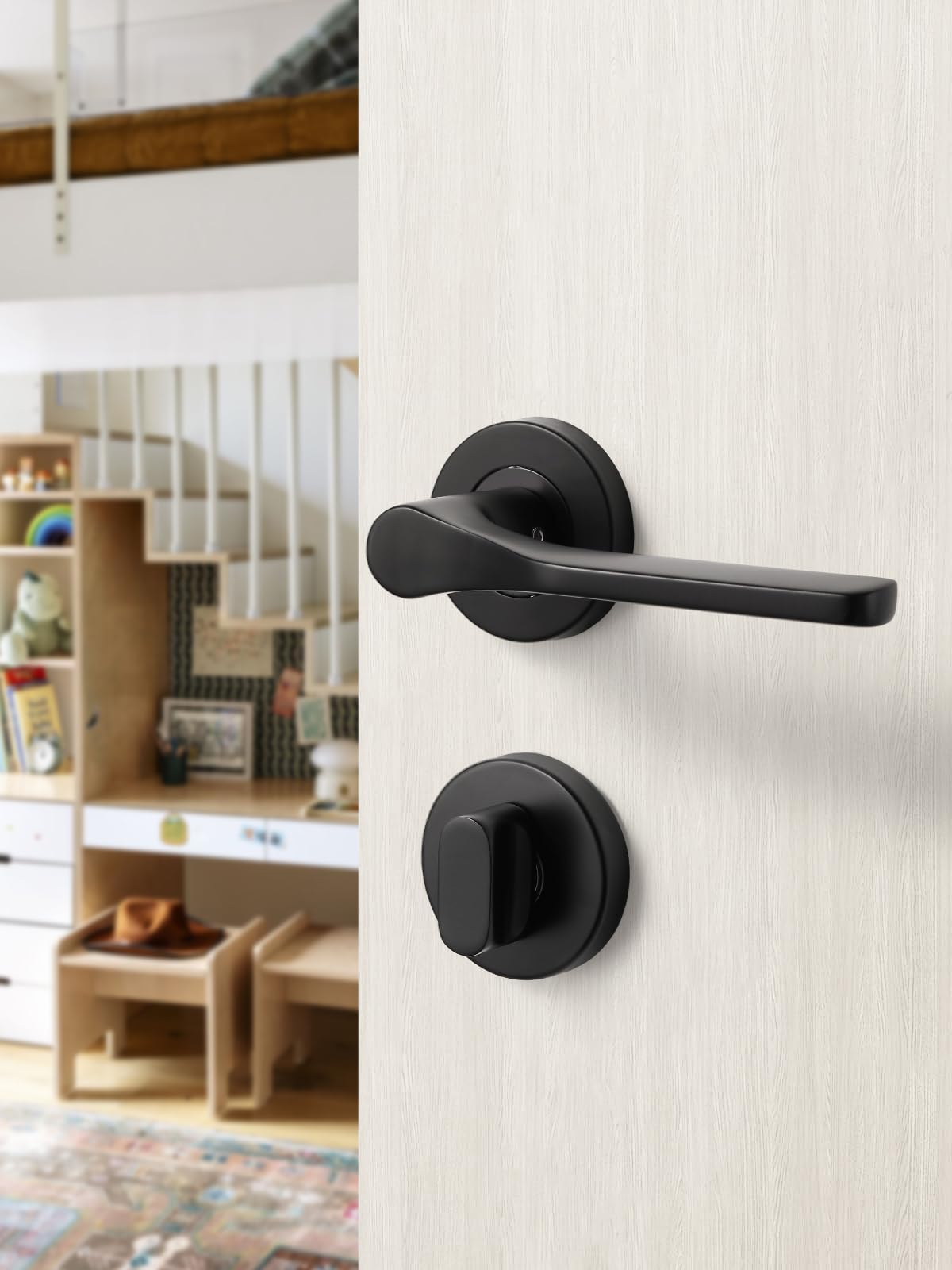 SORWDUERM Black Door Handle Set, Matte Brushed Stainless Steel, L Shape Round Rosette PZ Profile Cylinder for Front & Interior Doors - Image 3