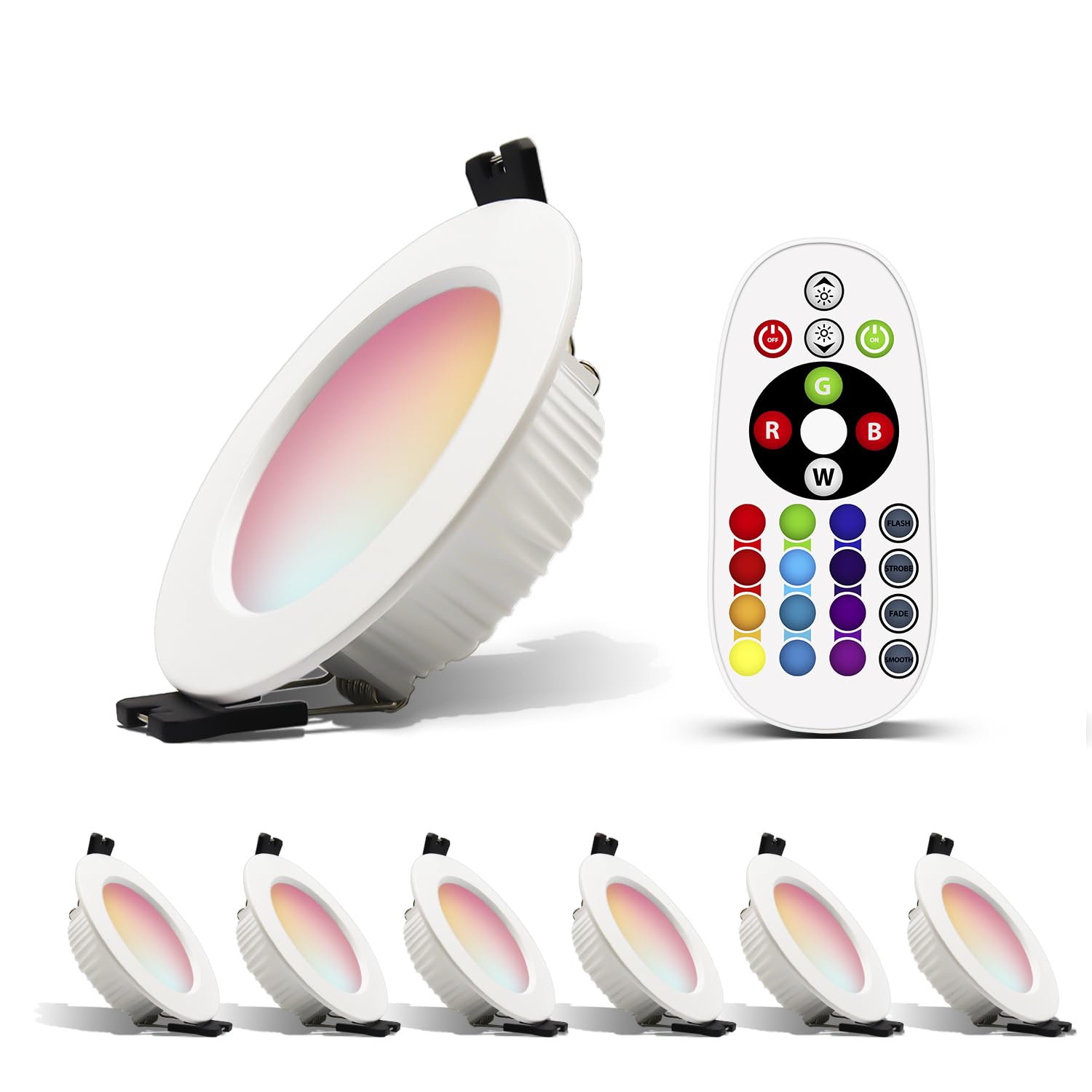 iLC LED inbouwspot 8W (vervangt 60W), RGBW met afstandsbediening, 68-85mm gatmaat, 230V ronde plafondspots IP44 koud wit 5700K inbouwlamp RGB kleurverandering gekleurd (4-pack