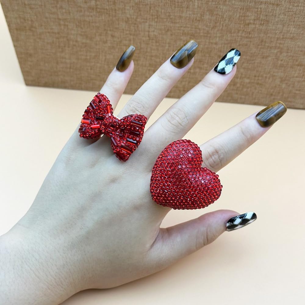 OIDIMS Rhinestone Big Heart Statement Ring for Women Chunky Love Crystal Finger Band Stacking Rings Eternity Wedding Engagement for Brides Sparkling Cocktail Party Prom Valentine Jewelry Size 8