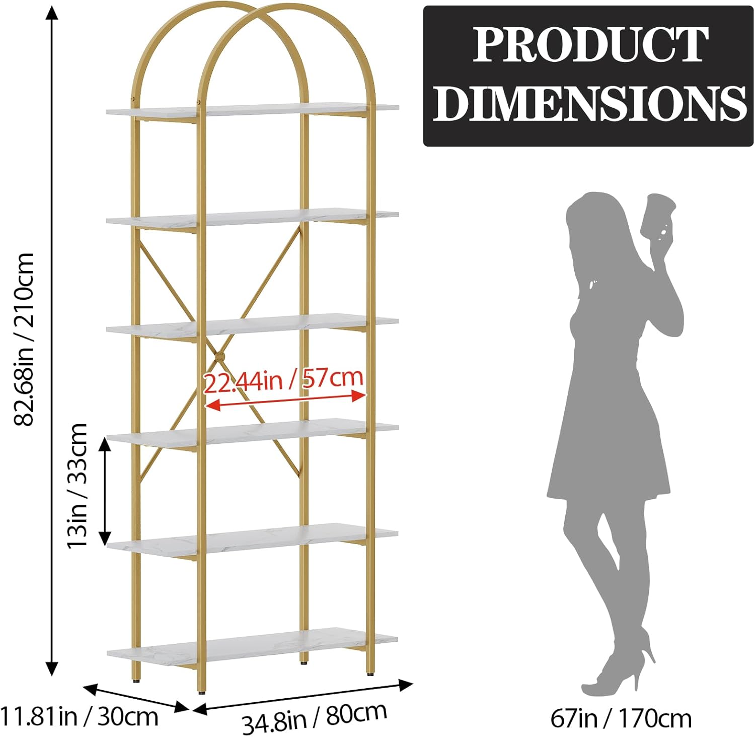 6 Tier Bookshelf, 83" Tall Arched Bookcase, Tall Book Shelf with Metal Frame, Modern Display Standing Shelf for Living Room, Home Office, Bedroom, Gold - Image 2
