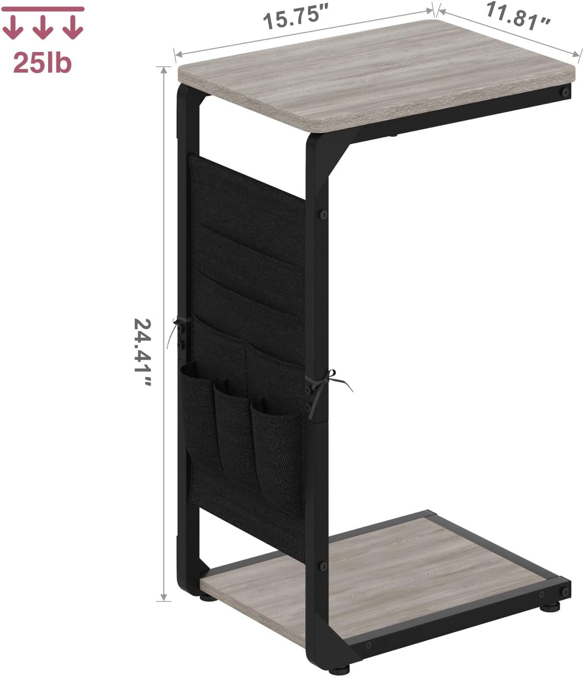 Narrow C-Shaped End Tables with Storage Bag, Sofa TV Trays Set of 2, Tray Table Small Couch Side Table for Living Room, Bedroom, Bedside ET-P-GY2