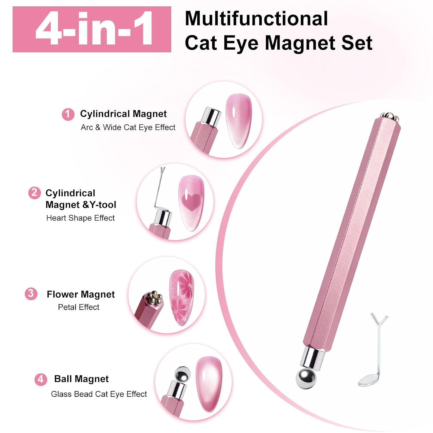 4 in 1 Nail Magnet with Heart & Ball Tool for Cat Eye Gel, Pink