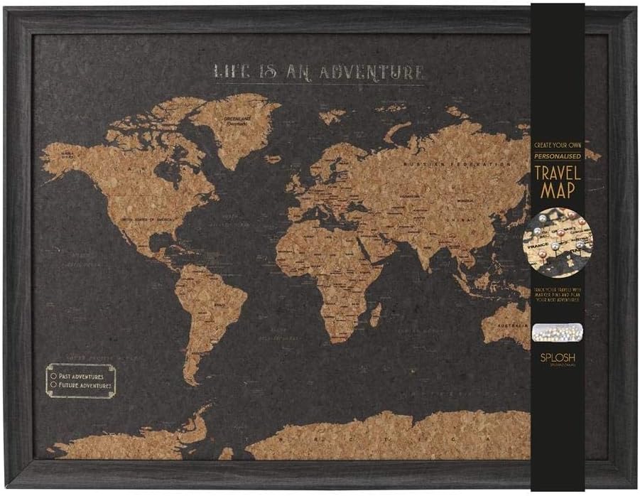 Caths Direct Framed Small Travel Board World Map with Marker Pins Dark Brown Colour