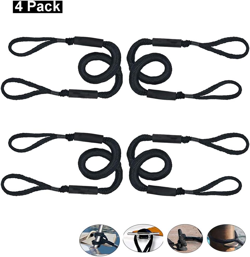 Bling Bling Bungee Dock Line Shock Absorb Dock Tie Mooring Ropes 4Pcs of 3.5-5.5 ft for Boat, PWC, Jet ski, Pontoon, Kayak, Canoe, SeaDoo 3.5ft Stretches to 5.5ft Black