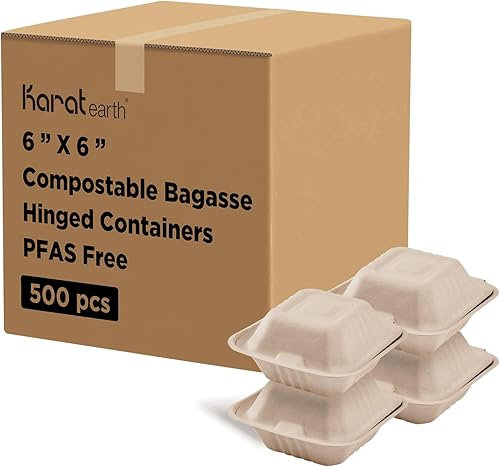 Miniatura 17 de KARAT EARTH Clamshell - Recipientes de alimentos para llevar [9 x 9 pulgadas, 200 unidades] 3 compartimentos Contenedores compostables