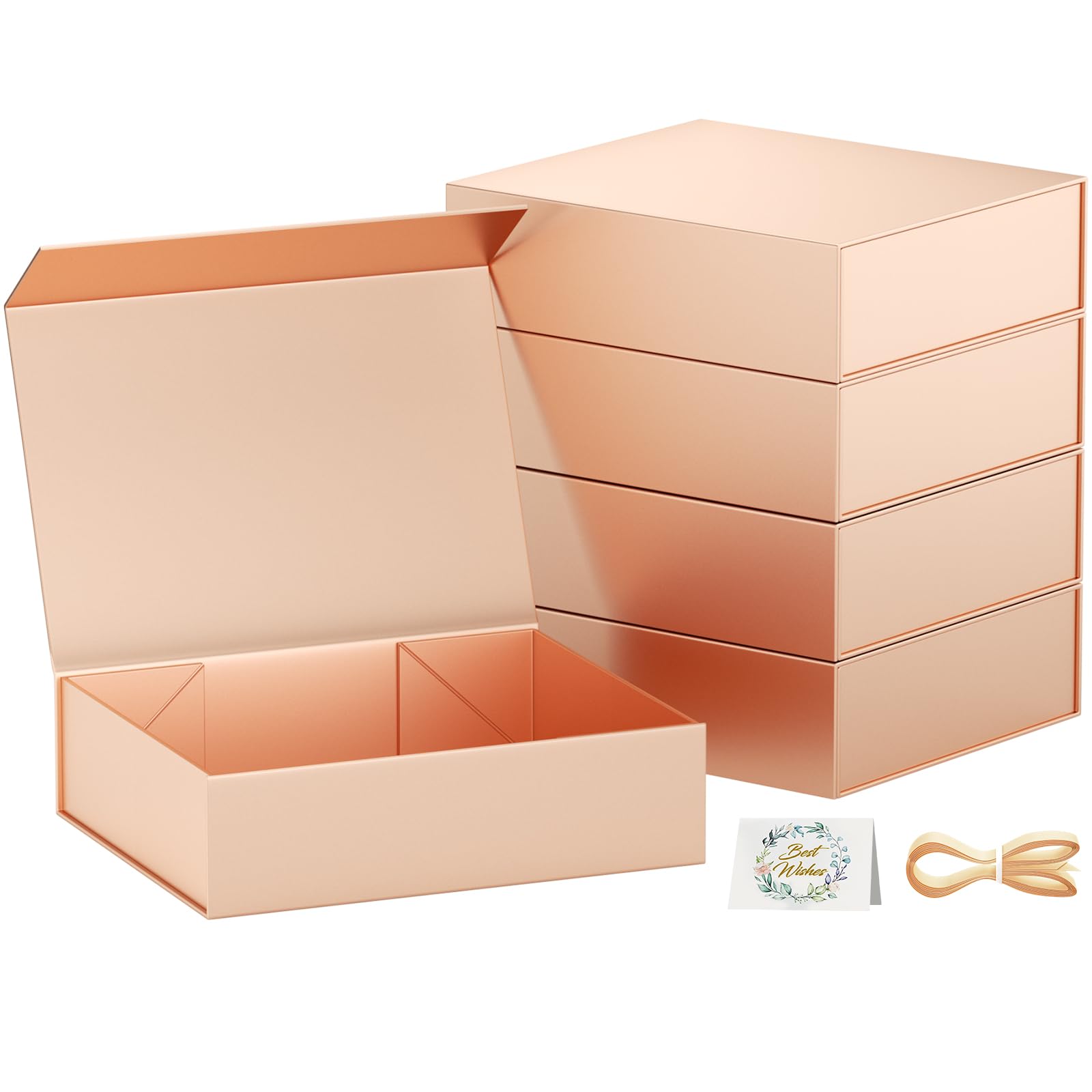 Gift Boxes with Lids, 11.5x7.8x3 In Rose Gold Gift Box for Presents Magnetic Closure for T-Shirts, Gloves, Scarves, Books, Baby Clothes, Clothing Gift Wrap, Contains Card, Ribbon (5PACK)