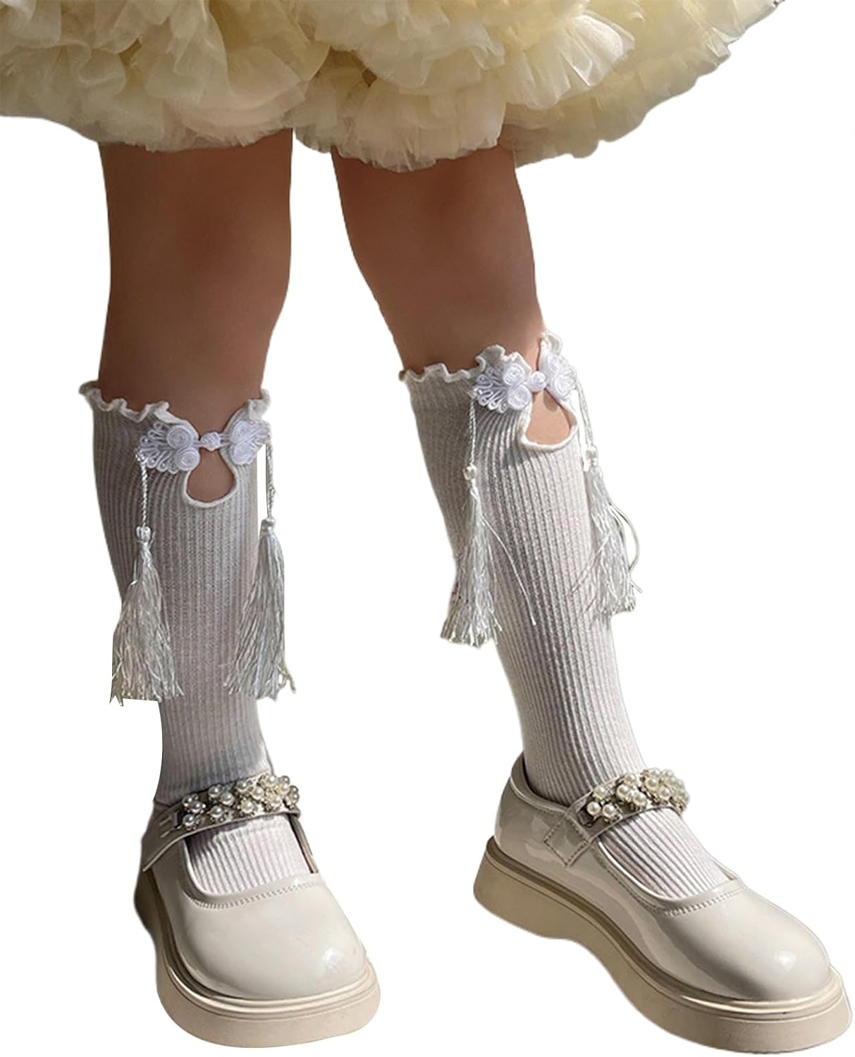 Sock,Chinese Knotting Socks for Kids Socks NonSlip Stretchy Fringed Trim Knee Highs Socks Girl Dancing Dress Socks