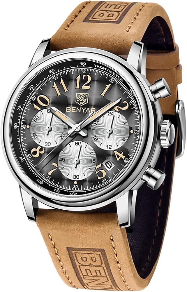 BENYAR Mens Watches Quartz Waterproof Men's Wrist Watches Chronograph Date Number Casual Sport Watch Leather Band Strap Gray Blue Black Analog Watch for Men