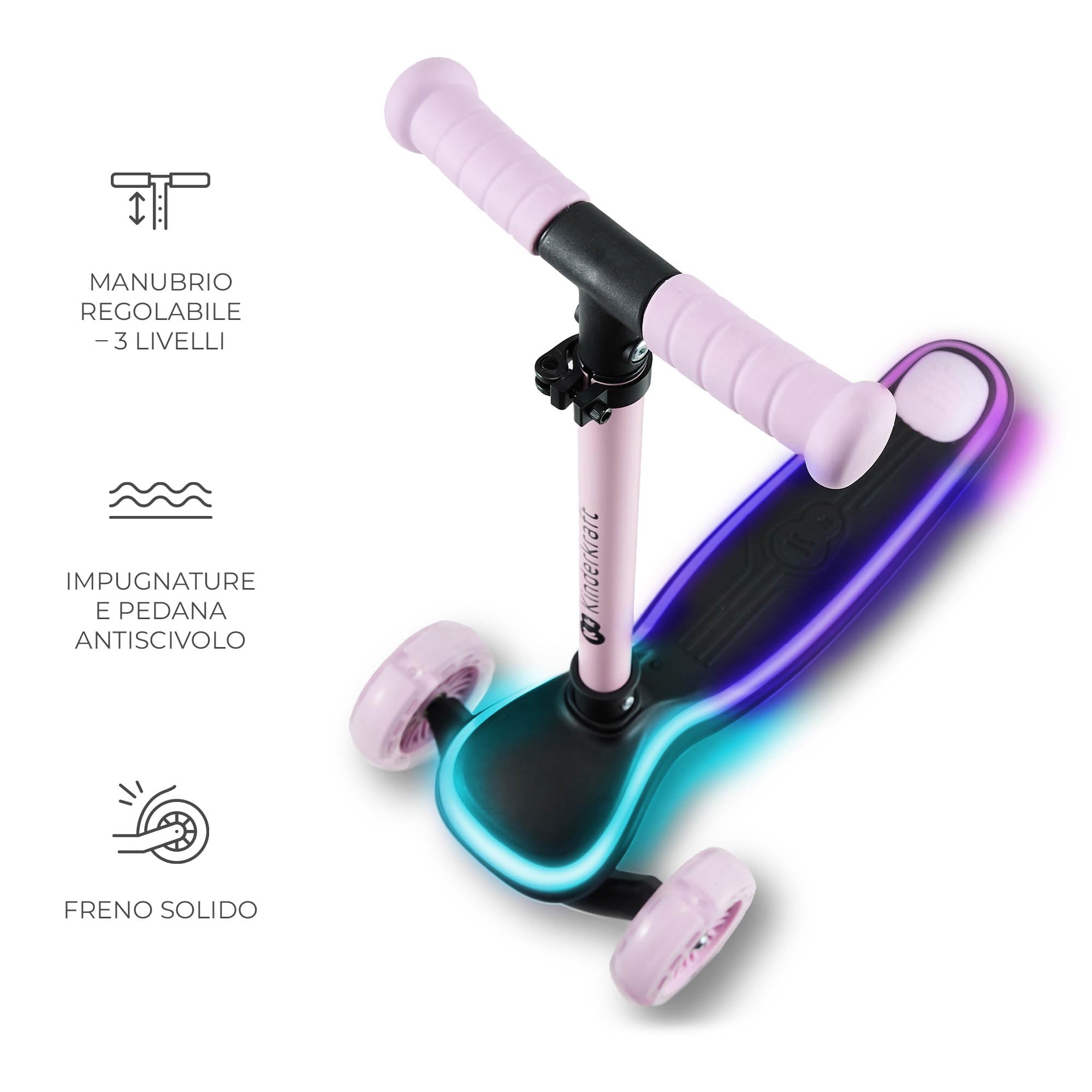Kinderkraft RAKET Monopattino Bambini 2+ Anni a 3 Ruote con Luci LED RGB – Leggero e Pieghevole, Manubrio Regolabile, Sistema di Equilibrio, Freno Sicuro, Rosa
