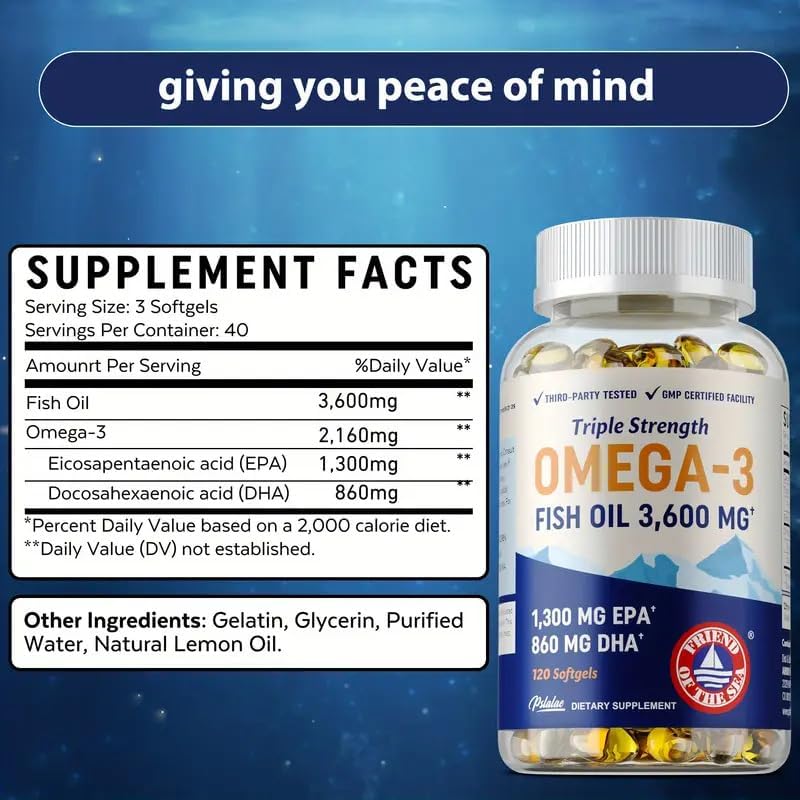 Miniatura 2 de Aceite de pescado Omega-3 3600 mg+ - Triple fuerza con EPA y DHA Apoyo para el cerebro, las articulaciones y el sistema inmunológico Fórmula de