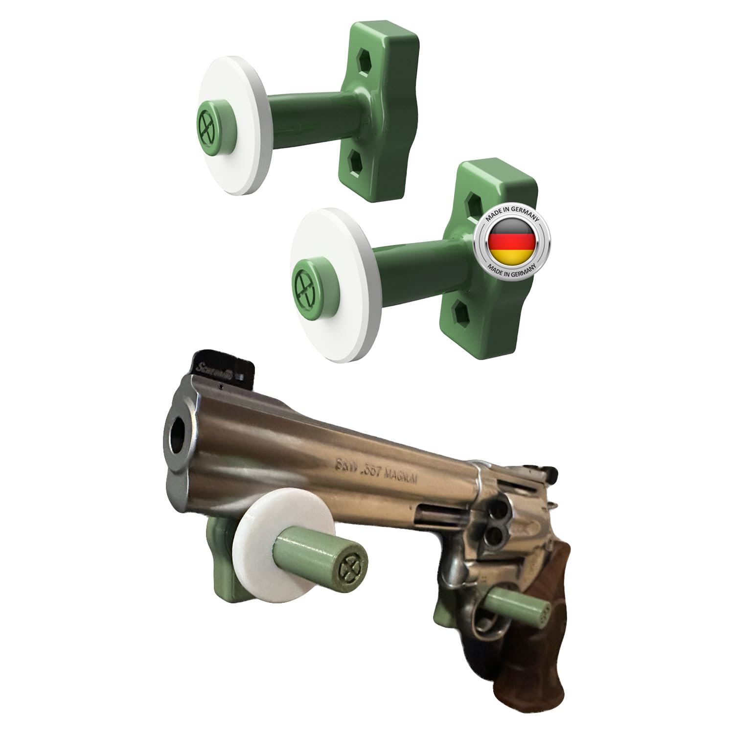 Magnetischer Waffenhalter – 2er Set in Navy-Grün, flexibel einsetzbare Halterung für unterschiedliche Pistolen & Revolver, starker Haftung ganz ohne Bohren – Made in Germany